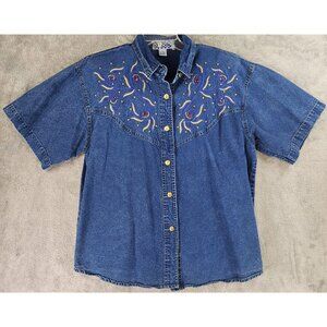Pretty Bleu Jean Shirt Womens Large Blue Embroidered Studded Vintage Button Up